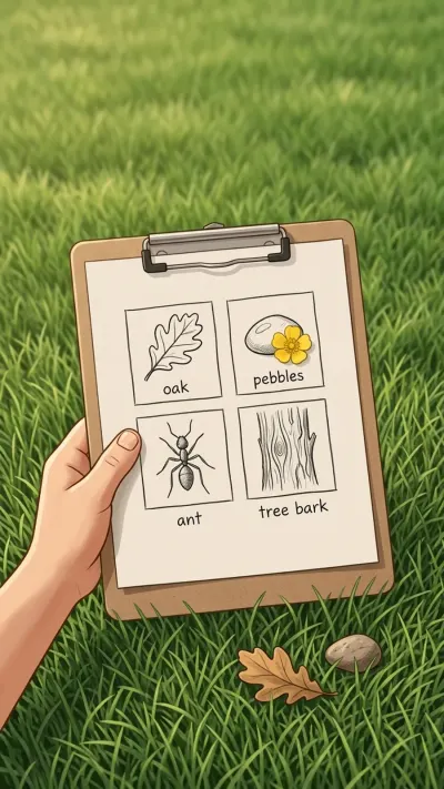AI-generated illustration of a cardboard scavenger checklist held over mowed lawn turf with a small dandelion visible in the grass.