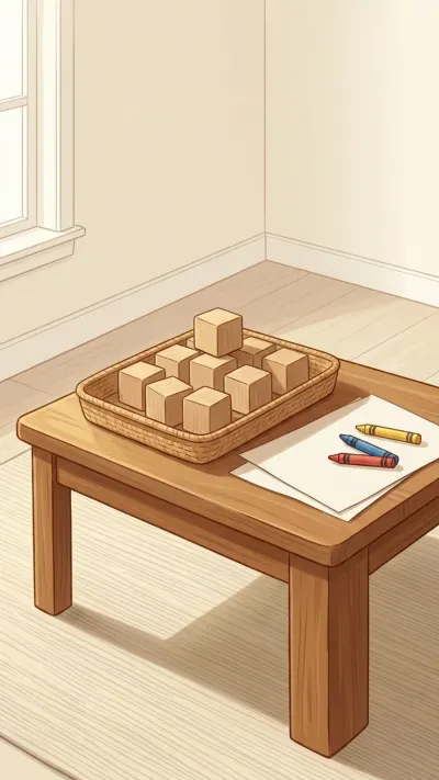 AI-generated illustration of a calm wooden table with a basket of smooth wooden blocks and large crayons in natural daylight.
