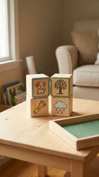 AI-generated illustration of oversized wooden story dice with hand-drawn picture prompts sitting on a table next to a fabric-lined tray.