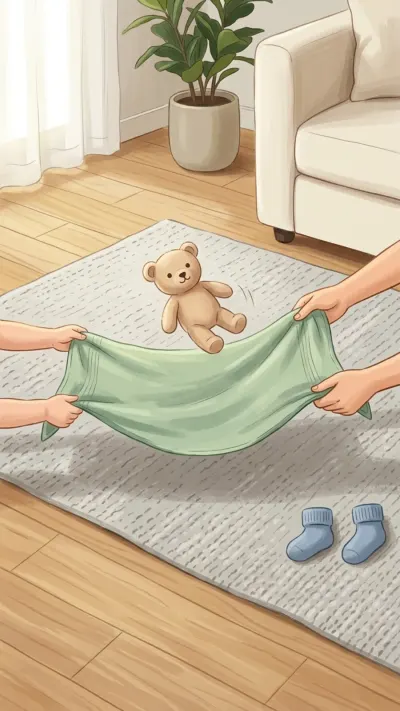 AI-generated illustration of two pairs of hands holding a cotton towel to toss a soft plush toy in an open, carpeted living room.