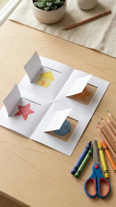 AI-generated illustration of a folded paper quiz with lifted flaps revealing hand-drawn crayon clues beside wooden pencils on a table