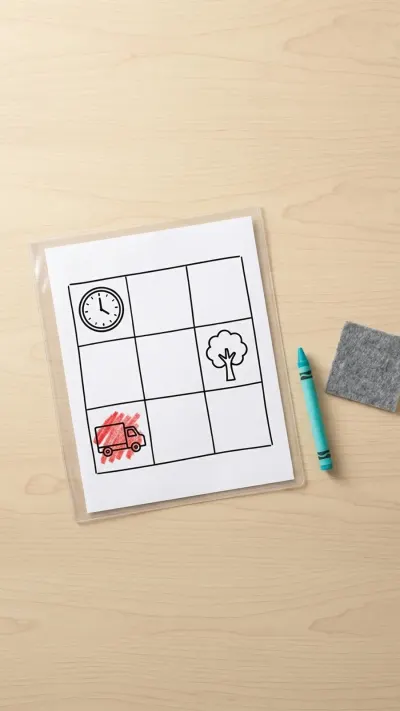 AI-generated illustration of a simple picture bingo card inside a clear plastic sleeve with a dry-erase crayon and felt eraser on a wooden table.