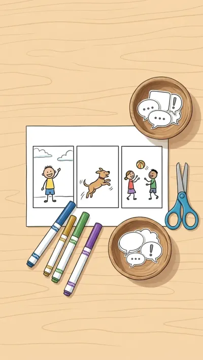 AI-generated illustration of a three-panel paper comic strip template with markers, safety scissors, and paper speech bubbles on a wooden tabletop.