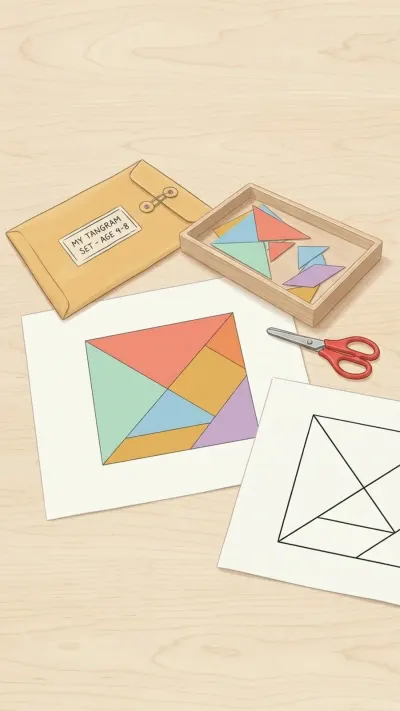 AI-generated illustration of colorful cardstock tangram shapes, an outline puzzle mat, and safety scissors on a wooden table.