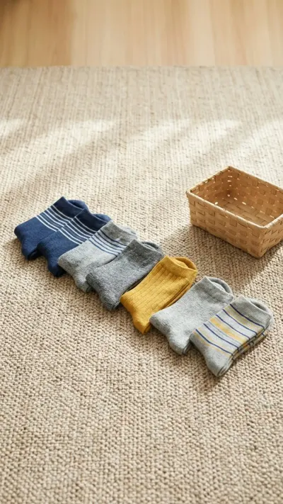 AI-generated illustration of clean, colorful socks neatly arranged in an orderly row next to a small shallow basket on a woven floor rug.
