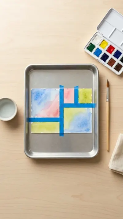 AI-generated illustration of a watercolor postcard taped with low-tack painter tape resting on a metal tray alongside child-safe art supplies