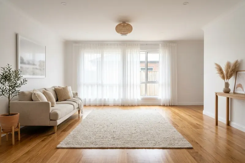 AI concept illustration of a clear family living room with a low-pile rug ready for indoor active games.