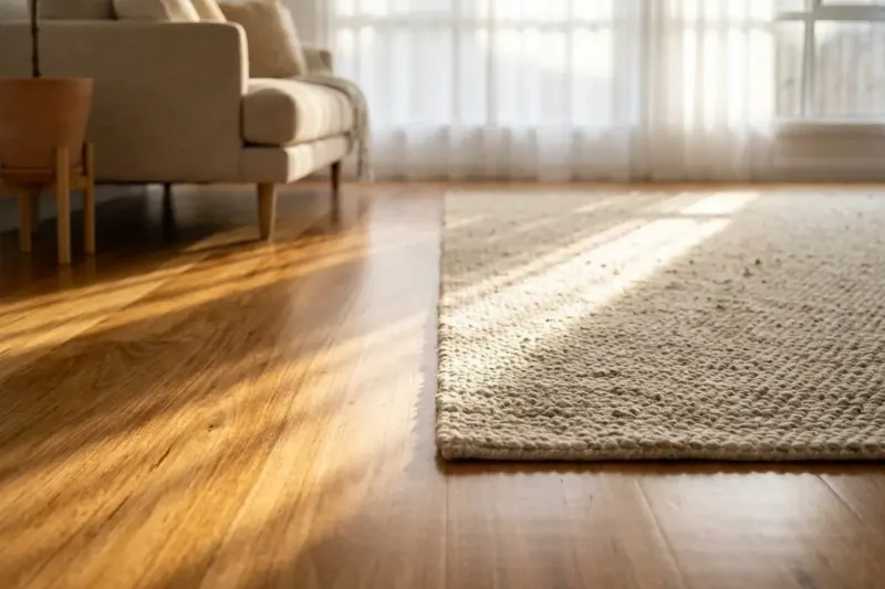 AI concept illustration showing a secure room boundary marked along the straight edge of a flat-weave area rug.