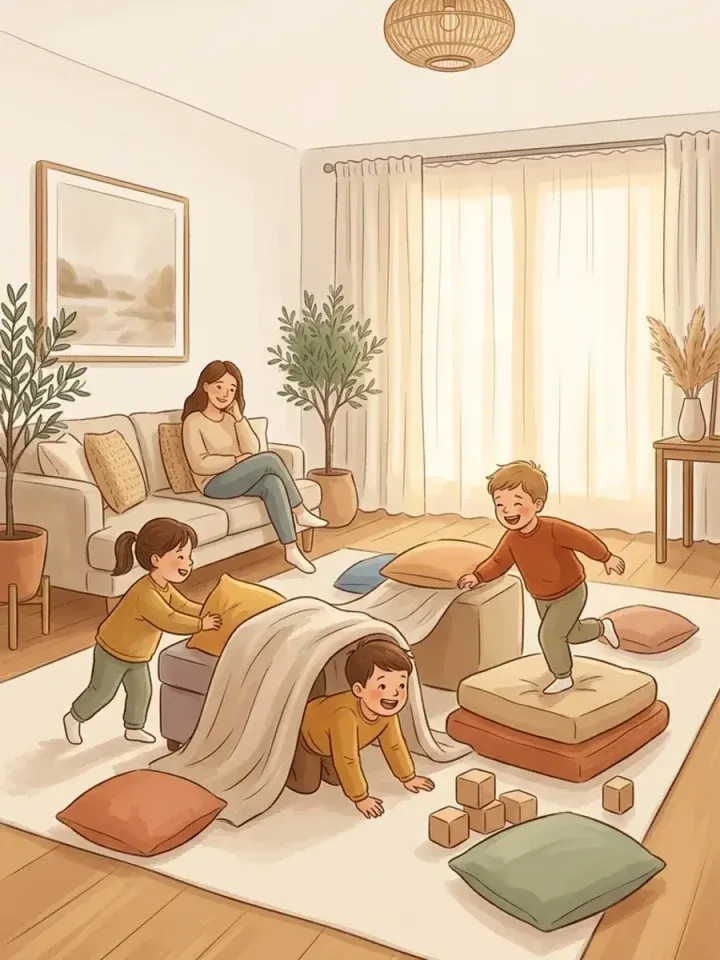 AI concept illustration of screen-free indoor family play in a cleared living room.