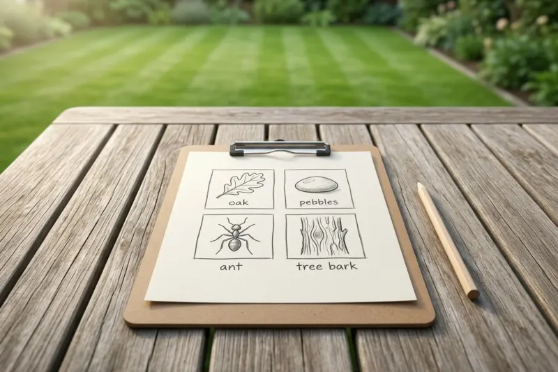 An illustration of a cardboard nature hunt checklist resting on an outdoor table.