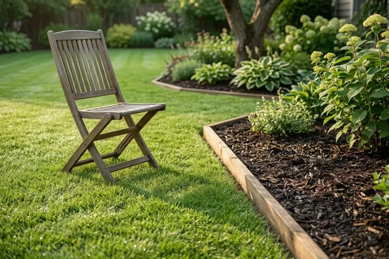 An illustration of a mowed grass lawn next to a mulched garden edge, demonstrating outdoor play boundaries.
