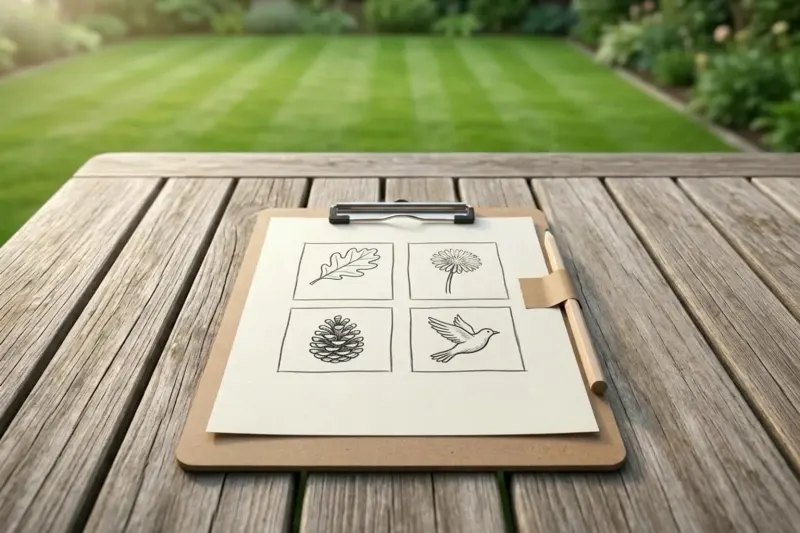 An illustration of a six-square visual nature hunt checklist attached to a cardboard clipboard.