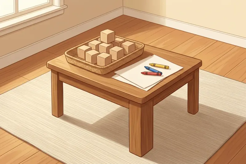 AI concept illustration of a quiet play corner with a low wooden table, blocks, and paper.