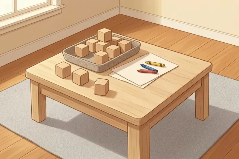 AI concept illustration of a tidy tabletop with wooden blocks, drawing paper, and jumbo crayons in natural light.
