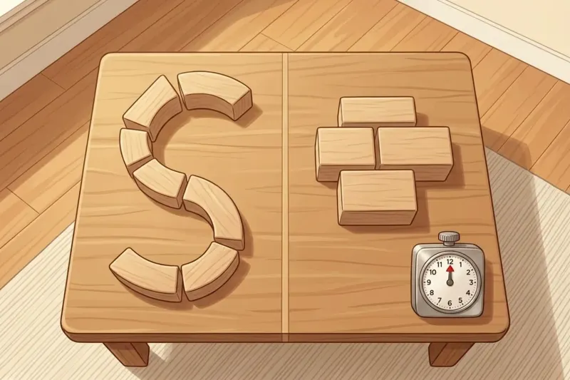 AI concept illustration of parallel play workspaces with wooden blocks on a calm wooden table.