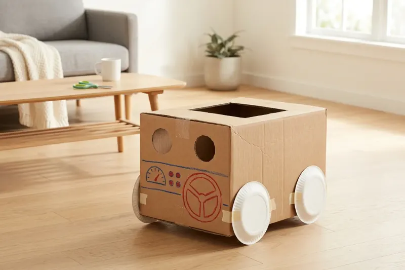 A cardboard shipping box converted into a child-sized sit-in car with paper plate wheels on a living room floor.