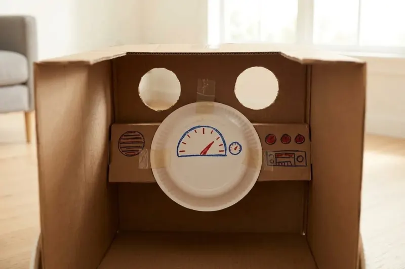 Interior dashboard view of a cardboard play car with a paper plate steering wheel.