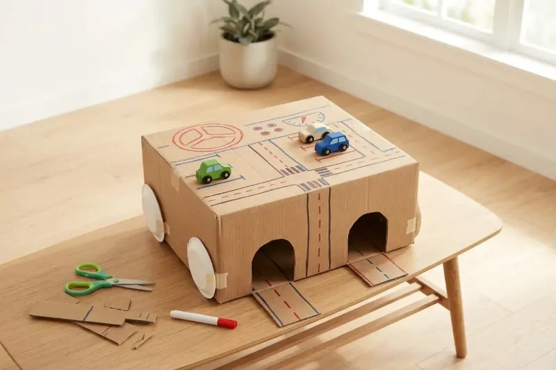 Inverted shallow cardboard box featuring cut archways and drawn road lanes on a low table.