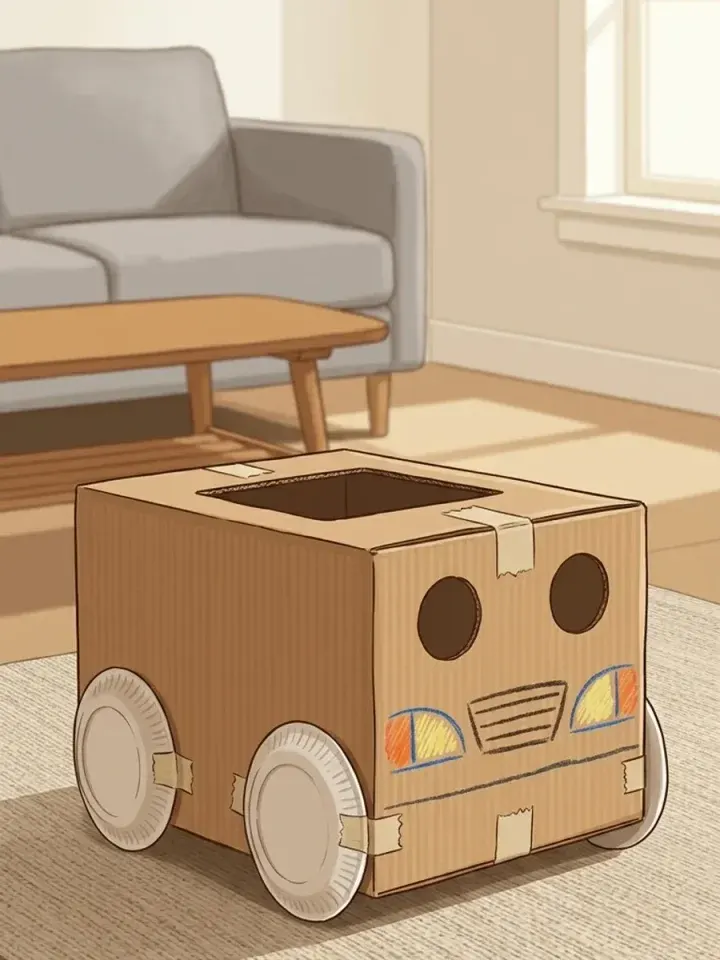 AI-generated illustration: A single cardboard box crafted into a play car with paper plate wheels resting on a living room rug.