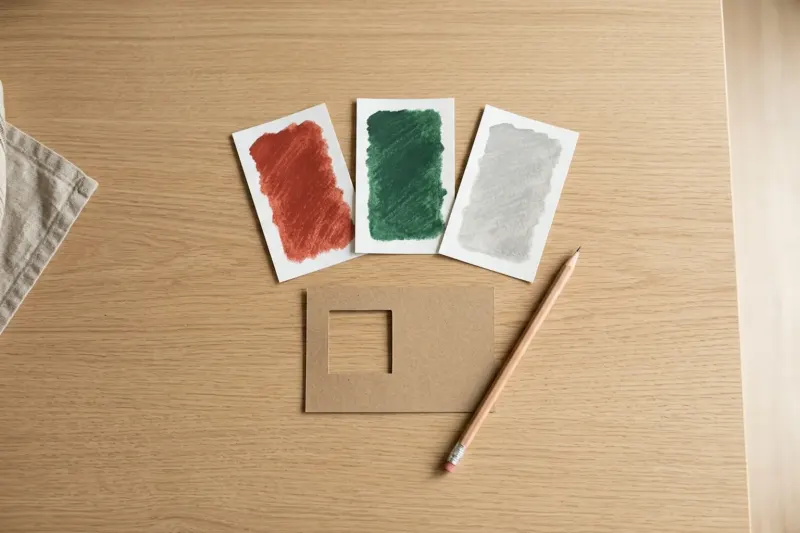 Three color swatch cards, an aperture card with a square cutout, and a wooden pencil arranged on a wooden tabletop in soft daylight.