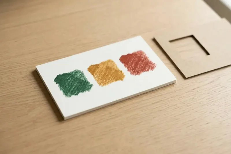 A white index card with three colored squares resting beside a card with a cutout square window.