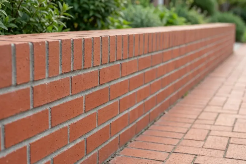 A brick garden wall and sidewalk seam layout displaying an alternating brick and mortar pattern.