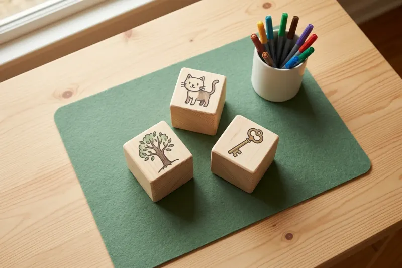 AI concept illustration of three large wooden craft story cubes resting on a green felt mat on a wooden table.