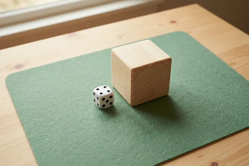 AI concept illustration comparing a standard 16 mm game die to an oversized 50 mm wooden craft cube on a tabletop.