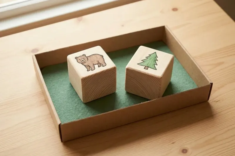 AI concept illustration showing two large wooden story dice with bear and tree icons inside a shallow rolling tray.