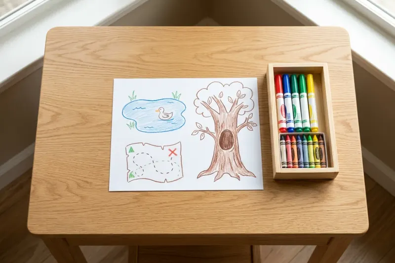 Overhead view of a shared drawing activity on a light wooden table featuring child-drawn crayon sketches and non-toxic markers.