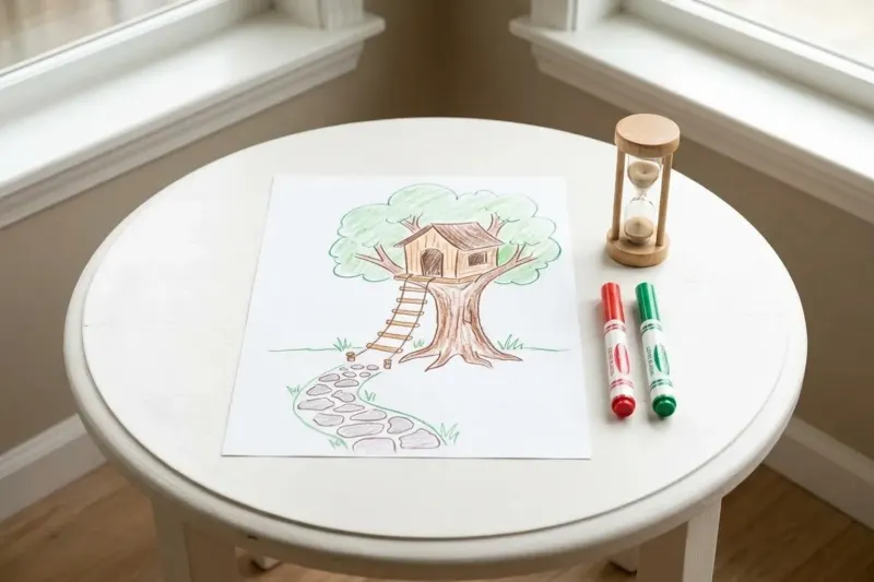 Cooperative drawing on large paper laid out beside non-toxic markers and a small sand timer.