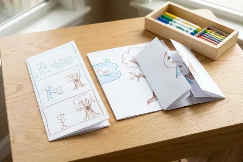 Three paper folding arrangements on a table for collaborative drawing games, including comic panels and folded reveal sheets.