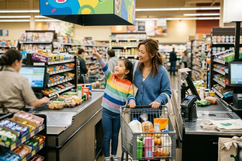 AI concept illustration showing a caregiver and child standing together in a grocery store lane playing an observational waiting game.