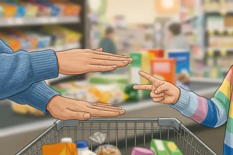 AI concept illustration of hand gesture cues used during a silent rule-switch waiting game in a public store.