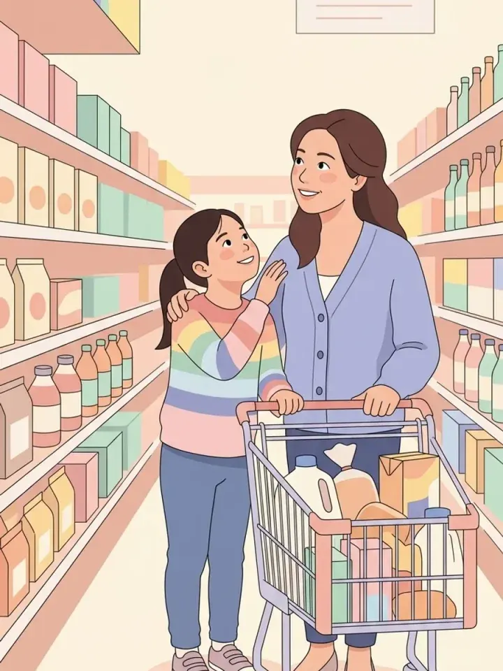 AI concept art illustrating calm parent-child interaction and screen-free observational play during routine errands
