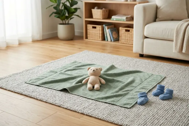 Illustration of a living room play setup with an open towel and plush toy on a cleared rug.