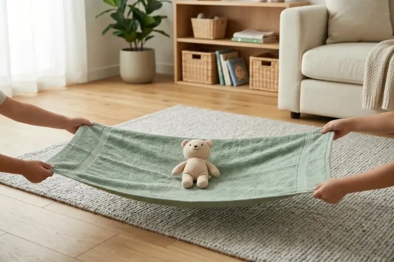 Illustration of two children holding opposite corners of a cotton bath towel to toss a soft plush toy.