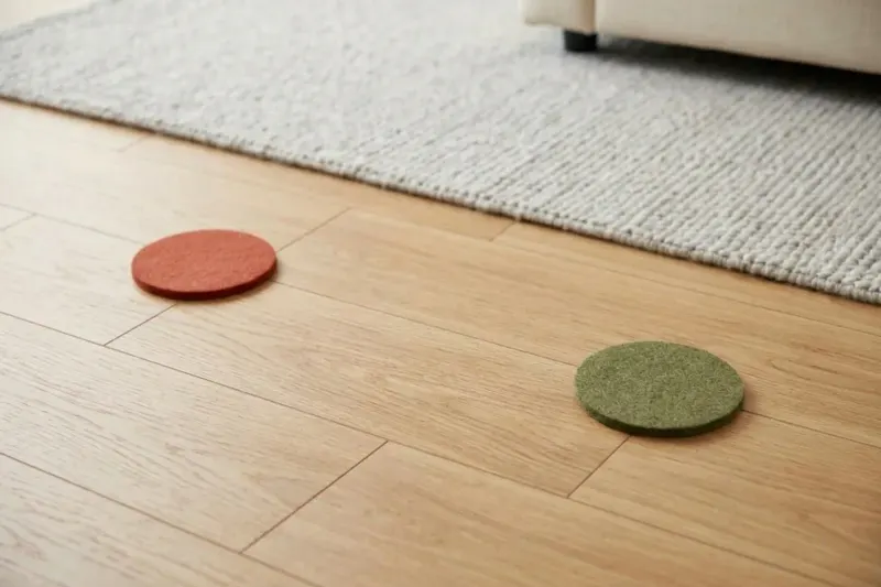 Illustration of two colored felt discs positioned as floor markers for an indoor movement game.