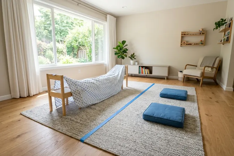 An AI illustration of a living room prepared with painter tape balance lines and floor cushions for low-impact indoor play.