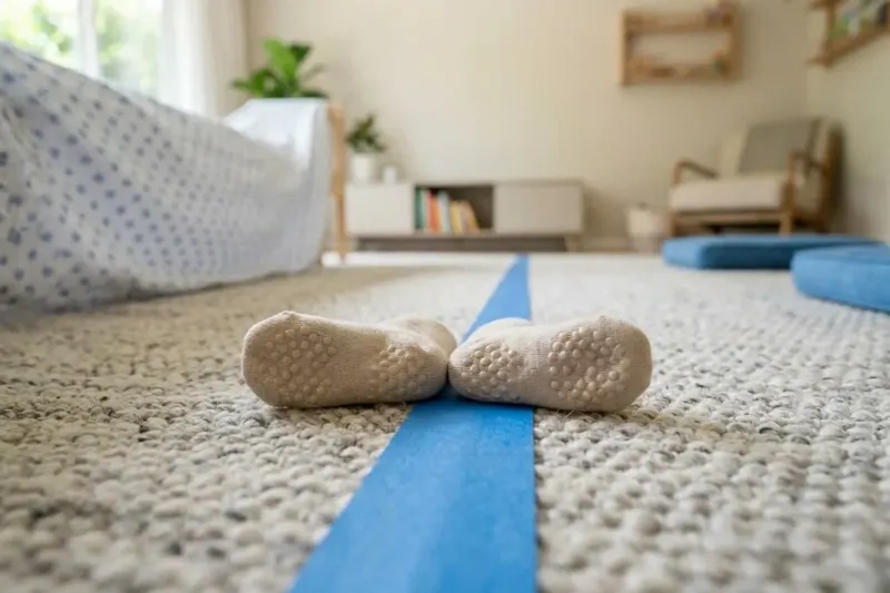 An AI illustration showing painter tape applied to a carpet for a heel-to-toe balance walk.