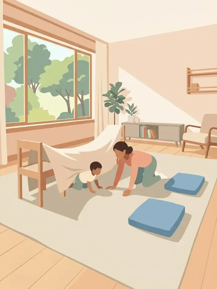 AI-generated illustration of a living-room family activity setting.