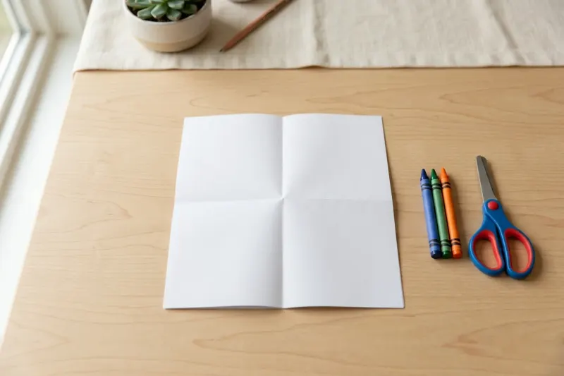 AI concept illustration of a folded four-panel paper quiz layout resting on a wooden table beside wax crayons and child safety scissors.