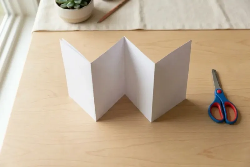 AI concept illustration of an accordion-folded paper sheet and safety scissors on a clear wooden surface.
