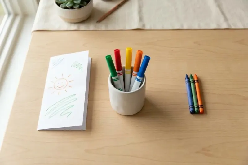 AI concept illustration of certified non-toxic crayons, washable markers, and a folded paper card on a wooden table.