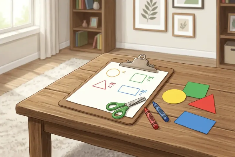 Indoor shape hunt setup on a wooden tabletop, showing paper cutouts, child safety scissors, crayons, and a clipboard with tally marks.