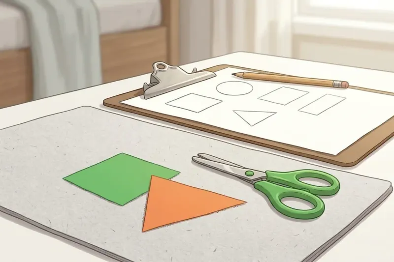 Cut paper geometric templates, blunt-tip safety scissors, and a recording clipboard on a flat work table.