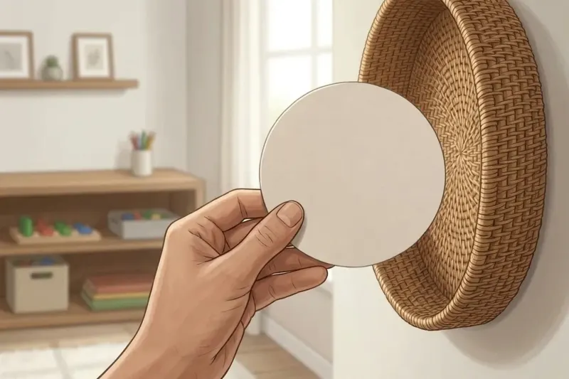 A circular paper cutout template held near a round woven wall basket for comparison.