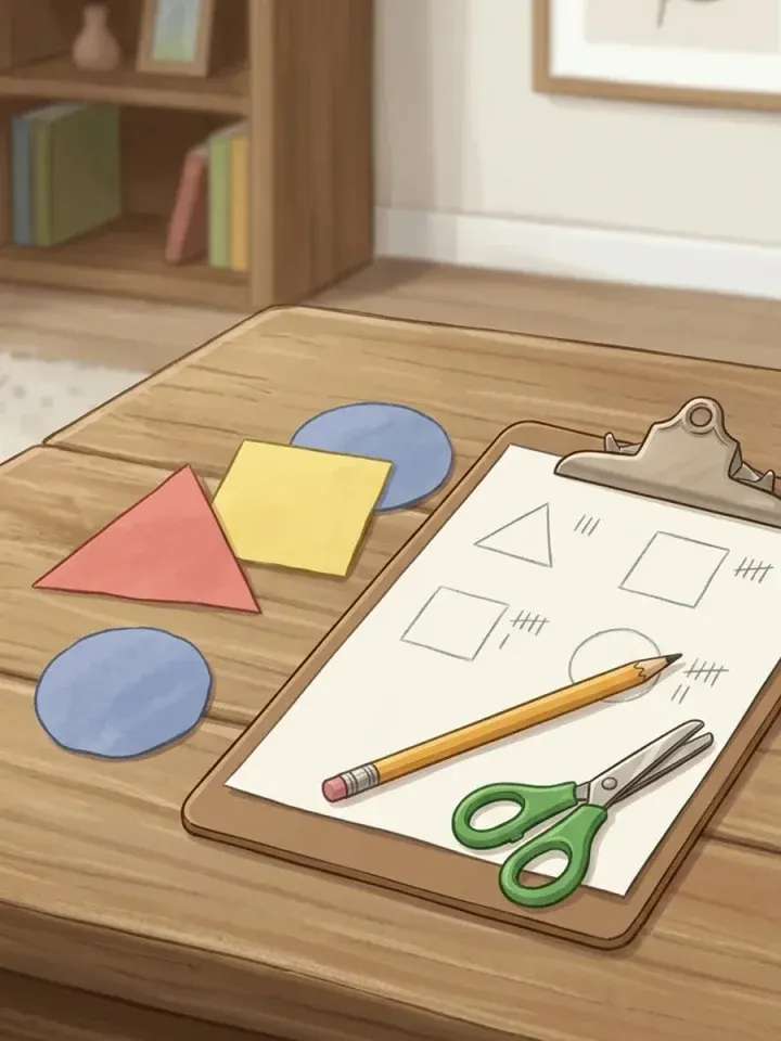 AI-generated illustration of paper cutout shapes, blunt safety scissors, a pencil, and a clipboard on a wooden table in soft daylight.