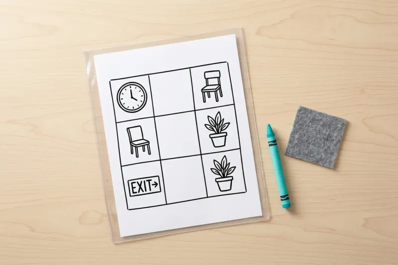 An AI concept illustration of a flexible plastic picture bingo sheet featuring a 3 by 3 grid of simple room objects, shown beside a wax dry-erase crayon and felt eraser on a light wooden surface.