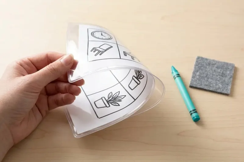 An AI concept illustration showing a flexible vinyl document sleeve and a round dry-erase marker with a small felt eraser square on a neutral tabletop.